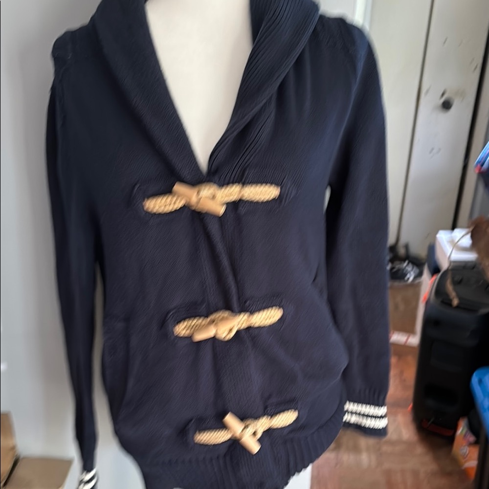 Navy Toggle sweater with Striped Cuffs